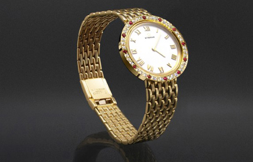 Damenarmbanduhr Eterna, Lünette mit Rubin und Diamant-Brillanten in 750/- Gelbgold